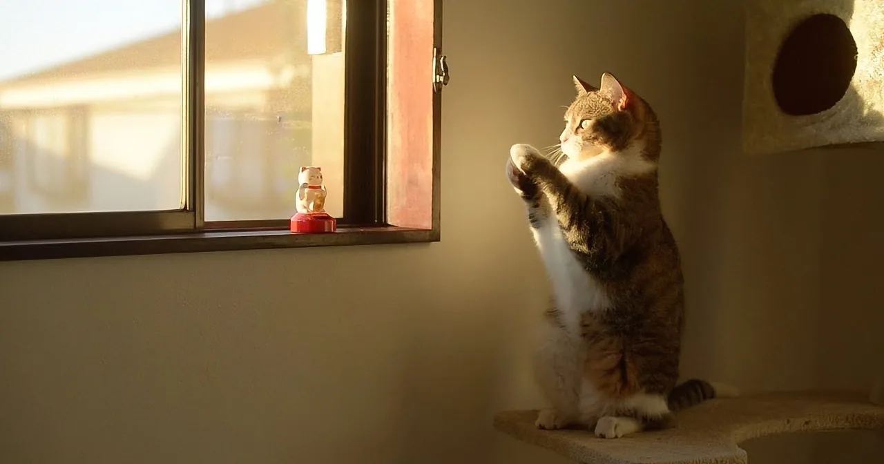 A cat sits on a cat tree, reaching up to a small figurine on a window sill.