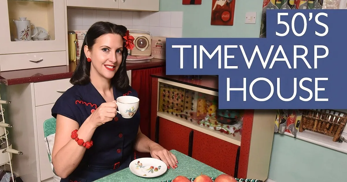 A woman in a 50s-style kitchen holds a mug, smiling, with a retro kitchen backdrop and text "50's Timewarp House."