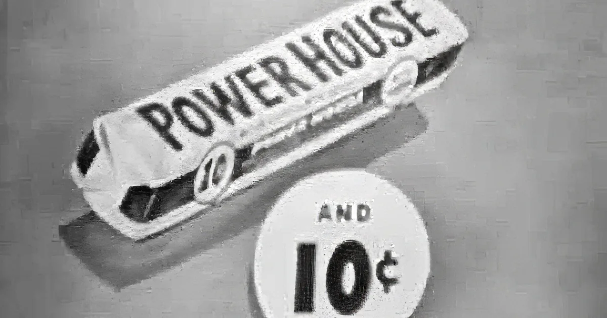 A vintage advertisement for "Power House" candy, featuring a box and a partial view of a person.