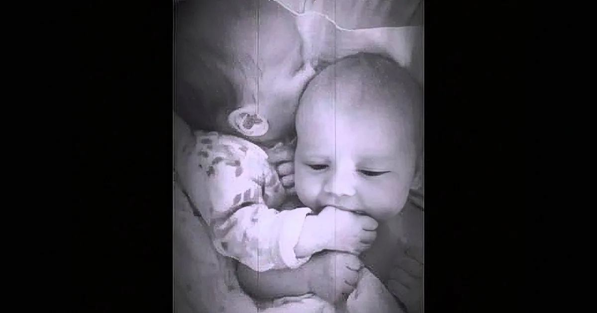 A baby is being held and kissed by another baby, both appearing content and close.