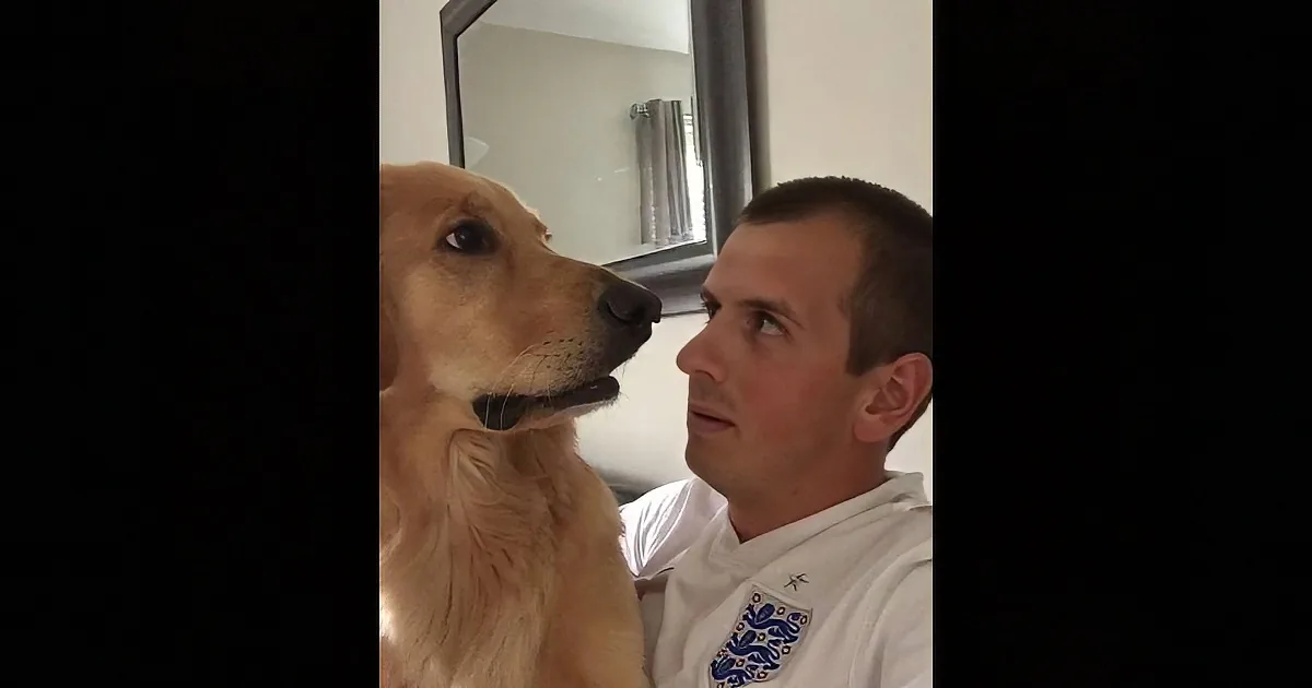 A man in a white shirt holds a golden retriever close, looking at each other affectionately.