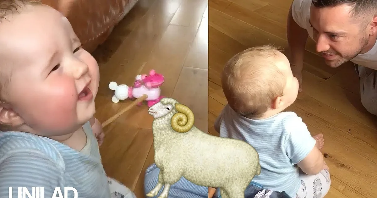 A baby smiles while interacting with a stuffed sheep toy, with an adult nearby on the wooden floor.