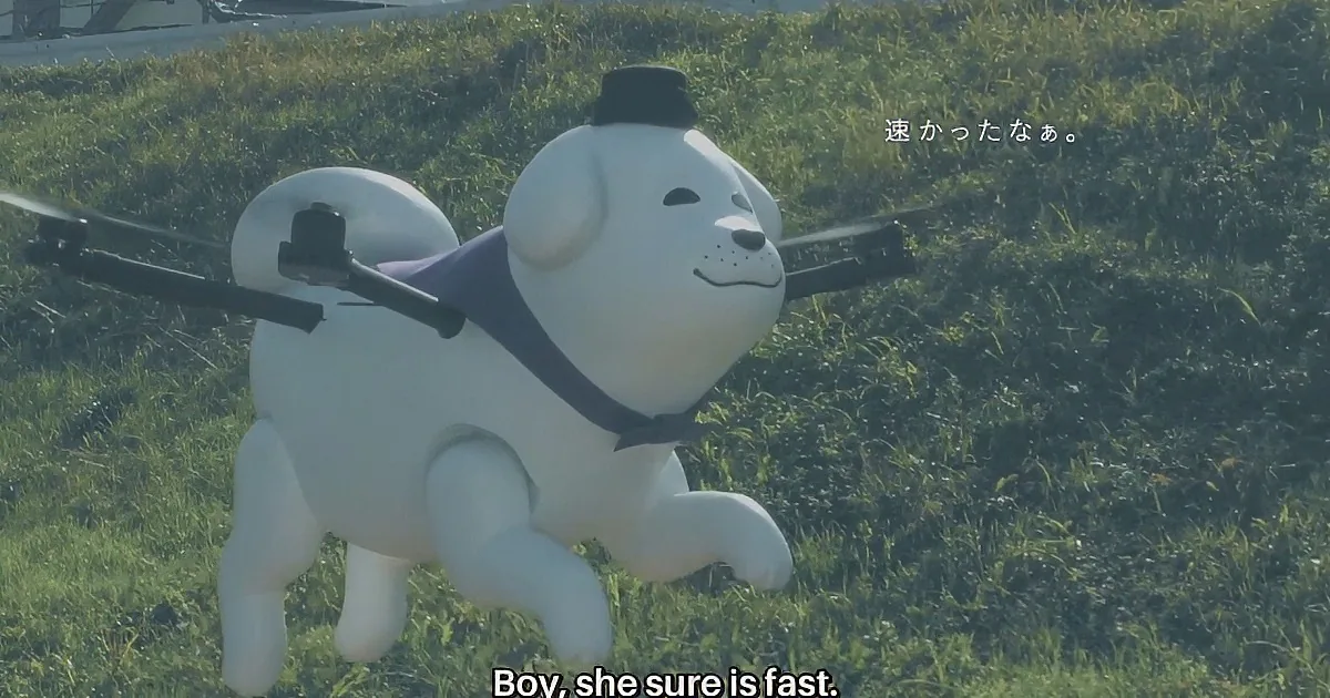 A white dog-shaped drone with a top hat and propellers is flying over grass.
