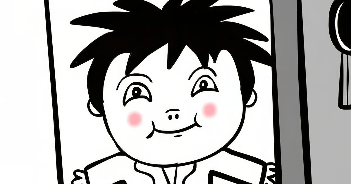 A cartoon boy with spiky hair and rosy cheeks smiles in a black-and-white comic panel.