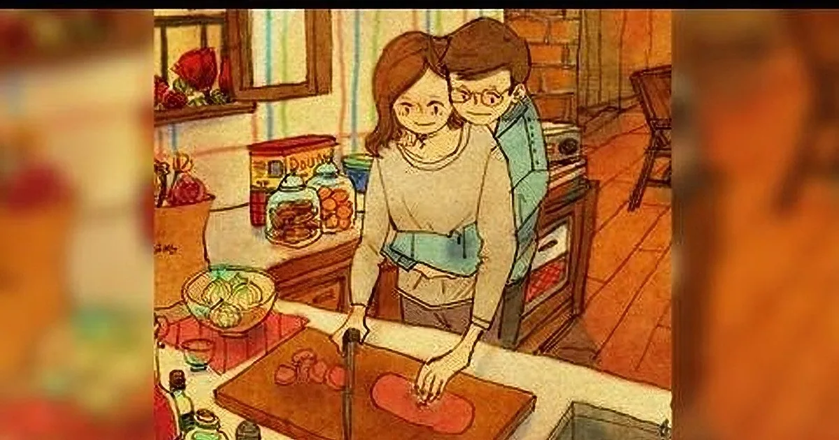 A couple is cooking together in a cozy kitchen, with the woman slicing tomatoes and the man standing beside her.