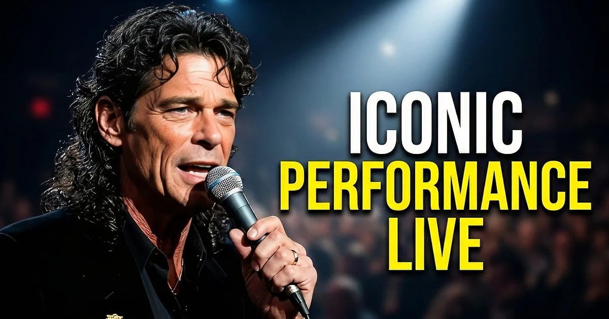 A man with long hair and a black suit sings into a microphone on stage.