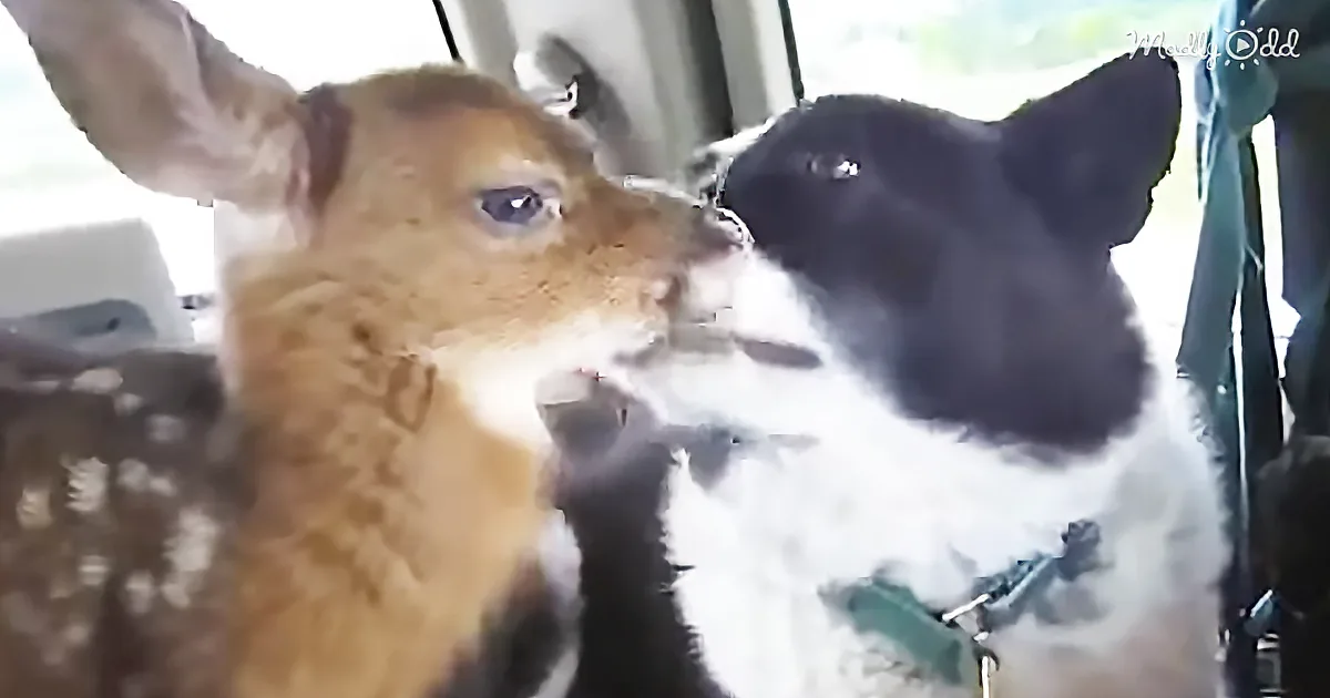 A fawn and a black-and-white dog are playfully interacting, with the dog nuzzling the fawn.