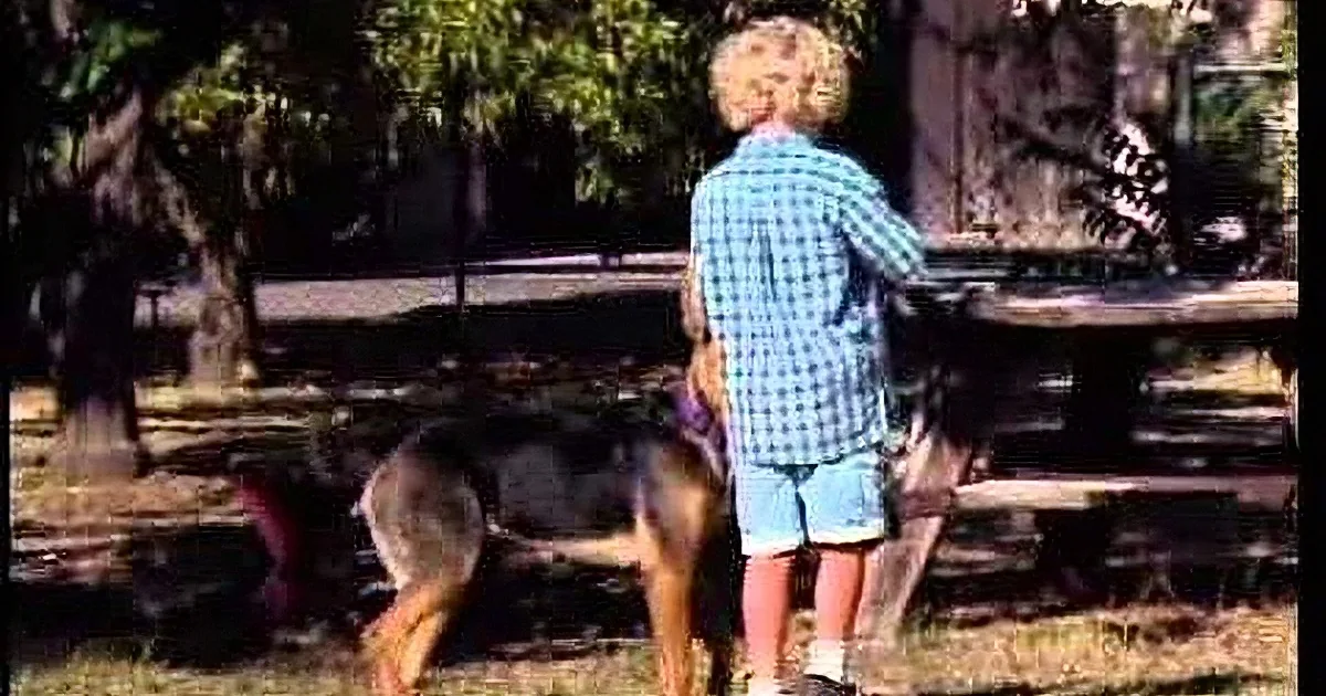 A person in a plaid shirt stands near a dog in a grassy area with trees and a picnic table in the background.
