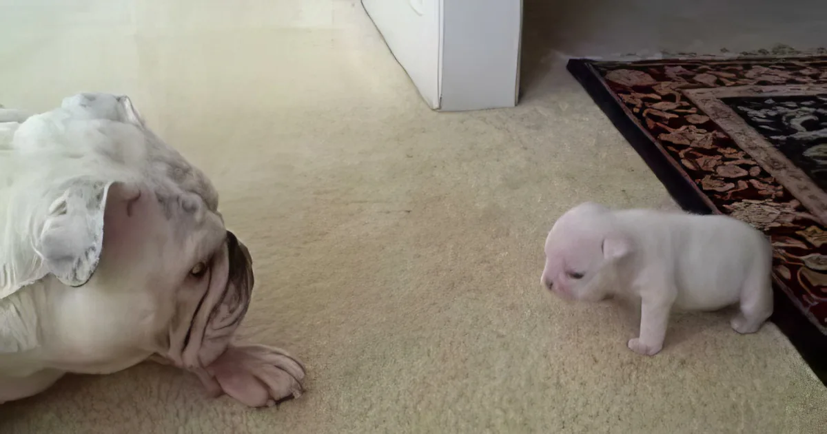 A bulldog lies on a carpet, looking at a small white piglet standing nearby.