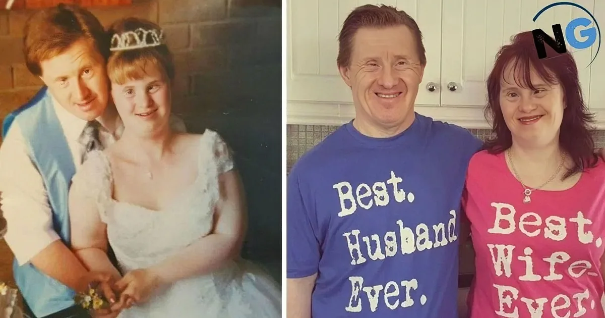 A couple, then and now, celebrating their love with matching shirts.