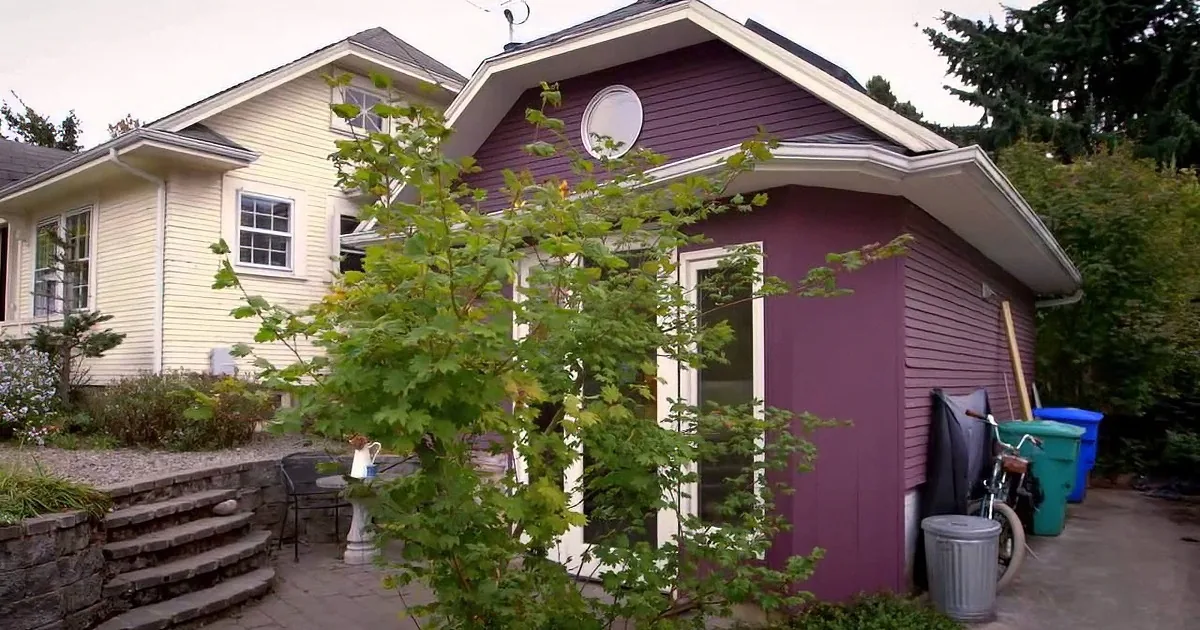 A purple shed with a white door stands in a backyard with a yellow house, greenery, and a stone staircase.
