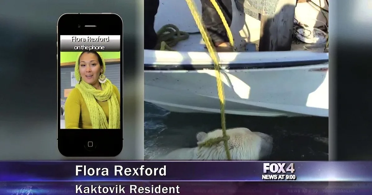 Flora Rexford, a Kaktovik resident, is on the phone in a news broadcast, discussing a boat scene.