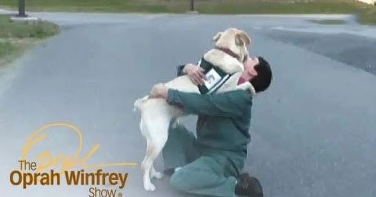 A man in a green uniform hugs a large white dog on a paved road.