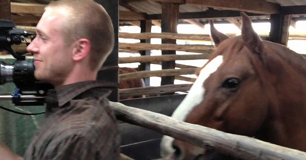 A man films a brown horse with a white stripe in a wooden stall.