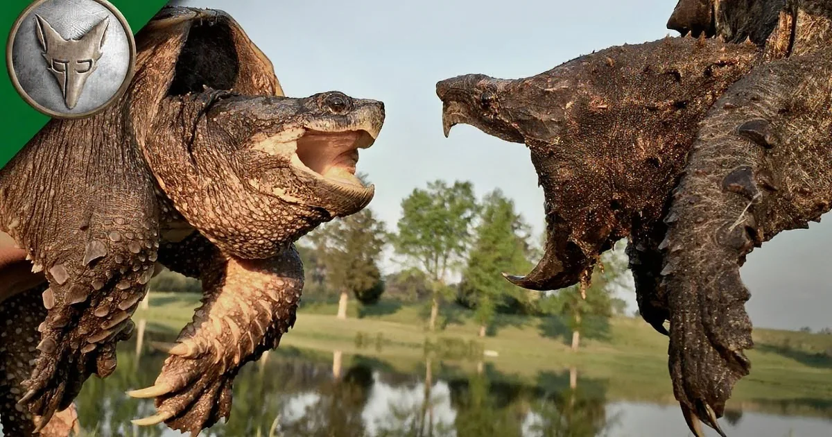 A snapping turtle with its mouth open faces off against a large, textured object resembling a skull or mask.