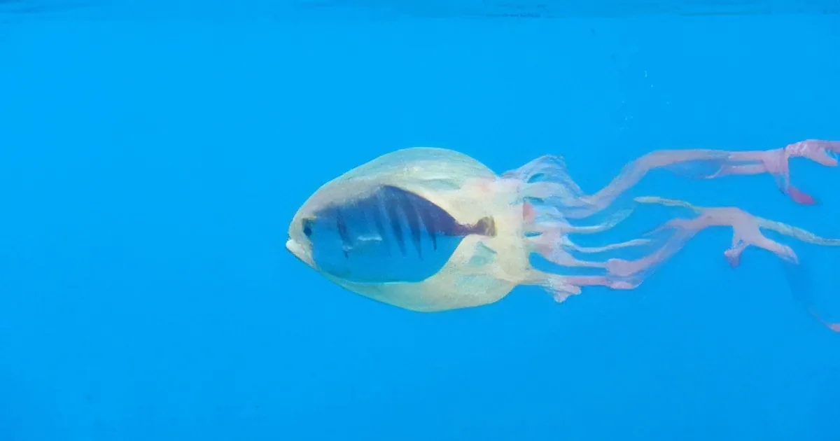 A jellyfish with translucent body and pinkish tentacles swims against a clear blue background.