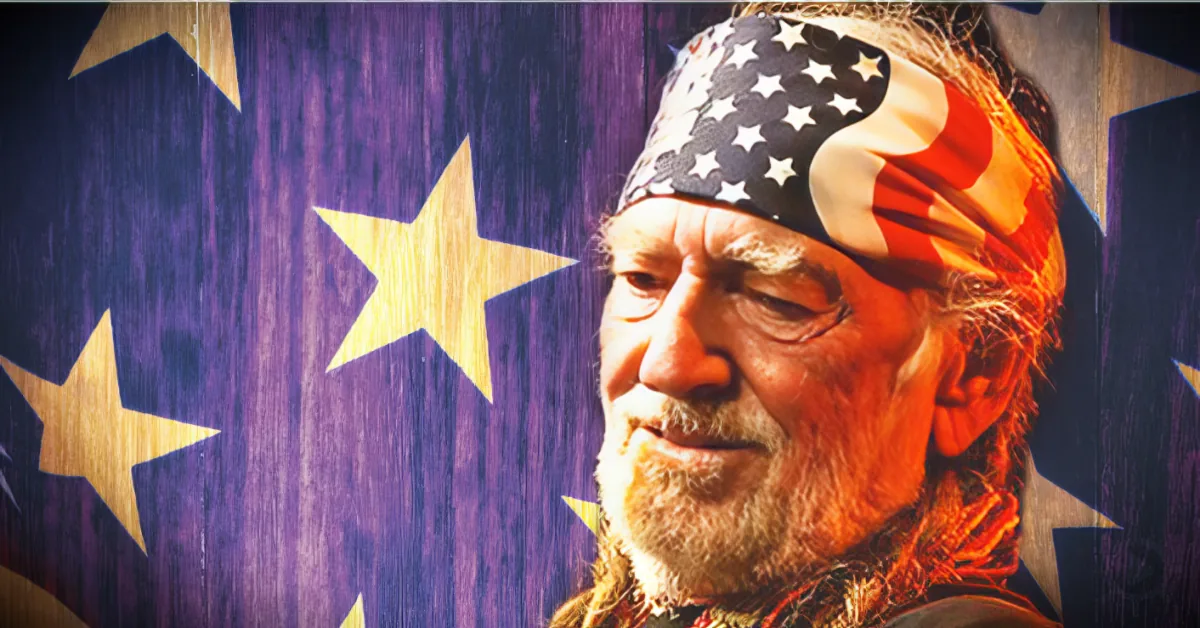 An elderly man with a bandana resembling the American flag is overlaid on a background of stars and stripes.