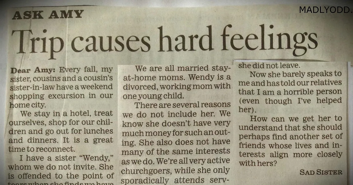 A newspaper clipping discusses a family's decision to exclude a divorced woman from a weekend outing due to financial and...