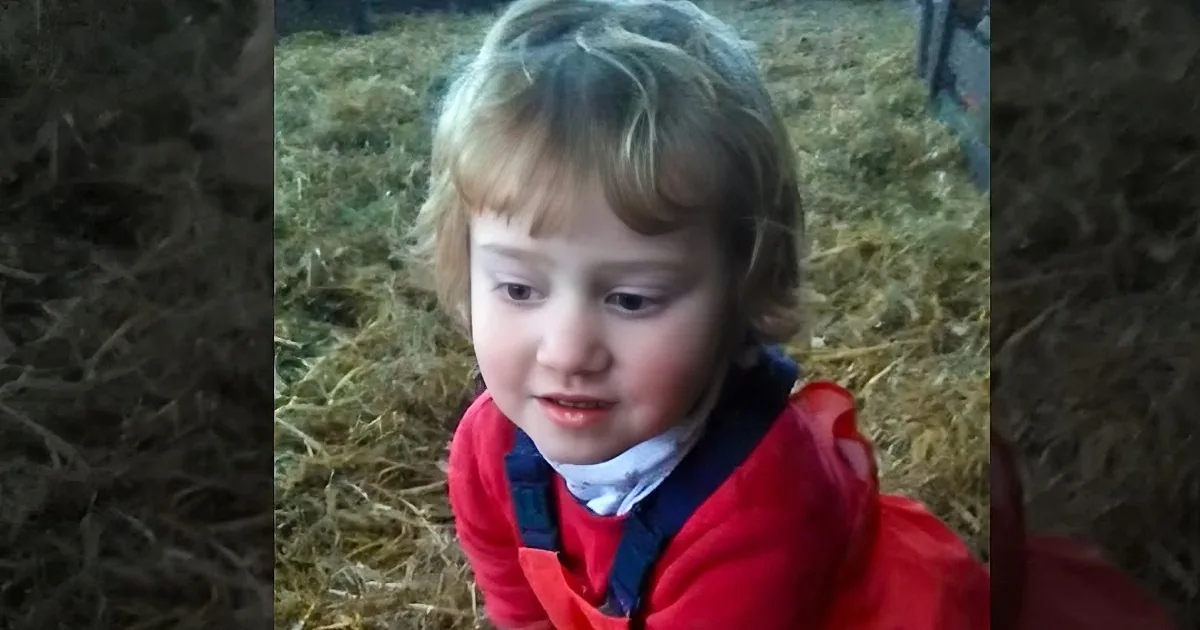 A child with blonde hair wearing a red jacket is sitting on hay.