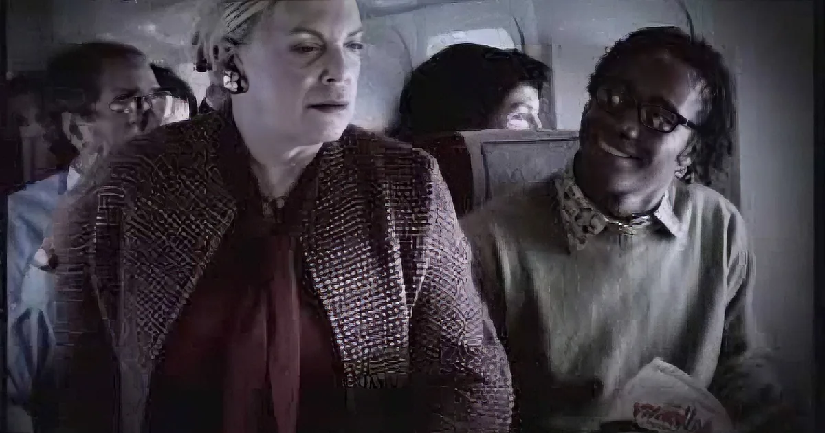 A woman in a patterned jacket and red blouse stands in a crowded room, looking to the side.