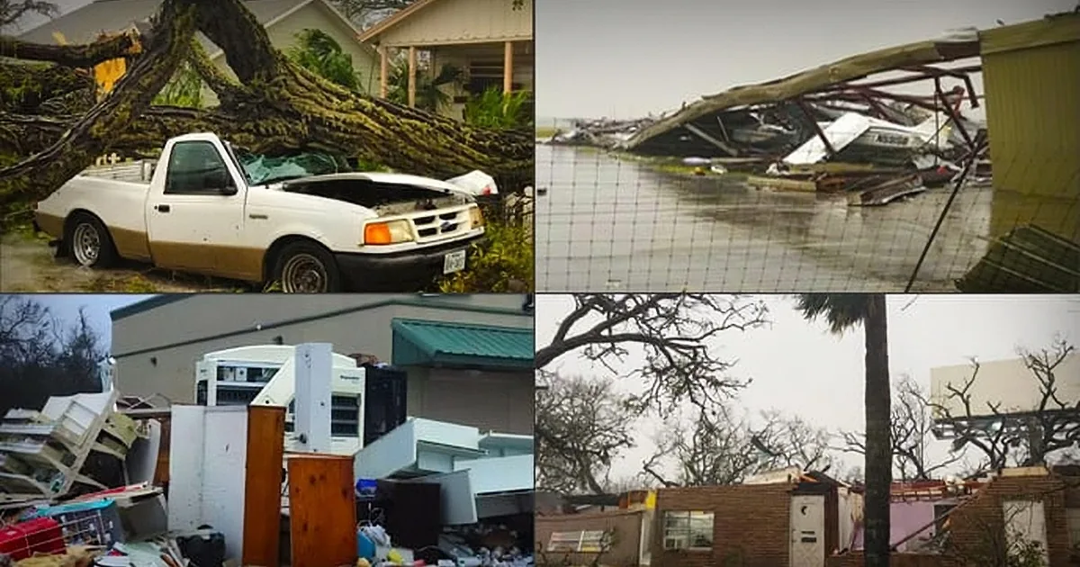 Damaged vehicles, debris, and destroyed buildings after a hurricane.