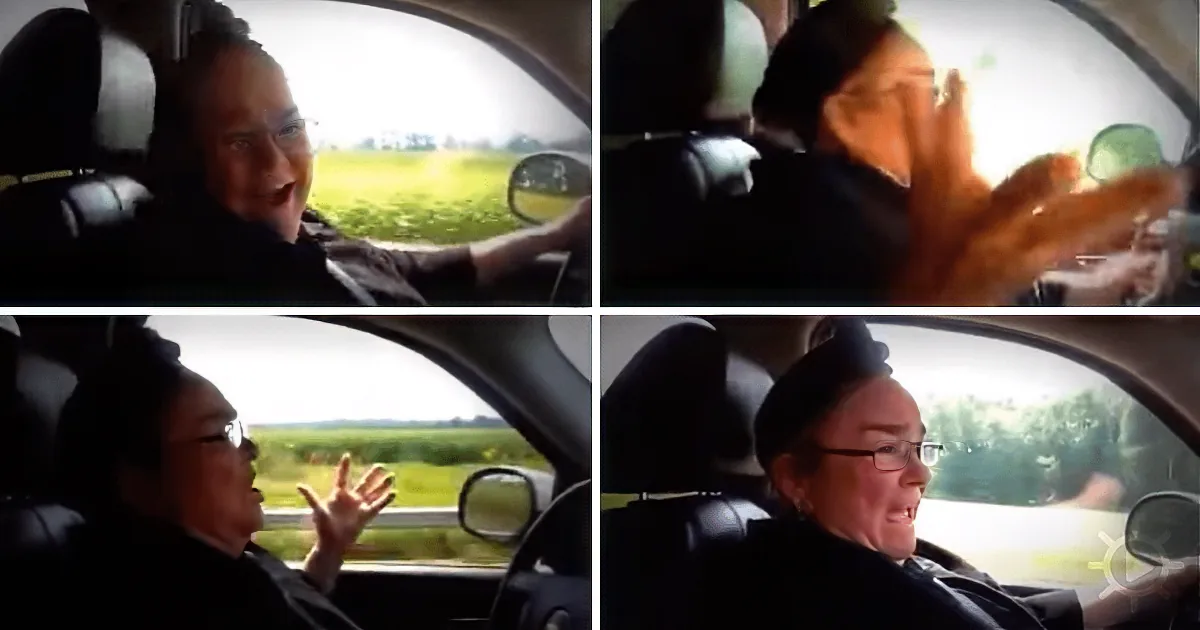 A person driving a car, laughing and gesturing with their hands, with a scenic view of green fields outside.