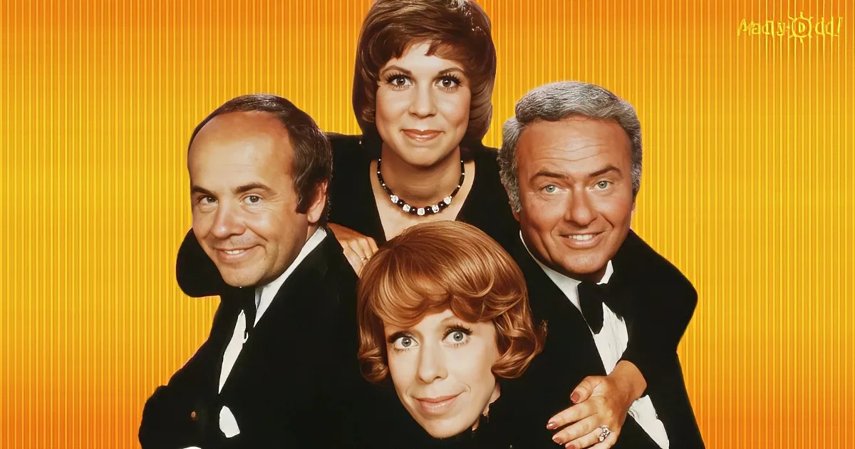 Four people in formal attire pose together against a vibrant orange background.
