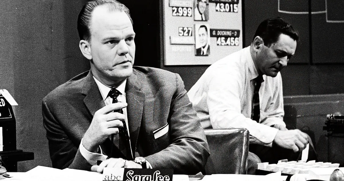 Paul Harvey, in a suit, sits at a desk with a Sara Lee sign, appearing to be in a studio setting.