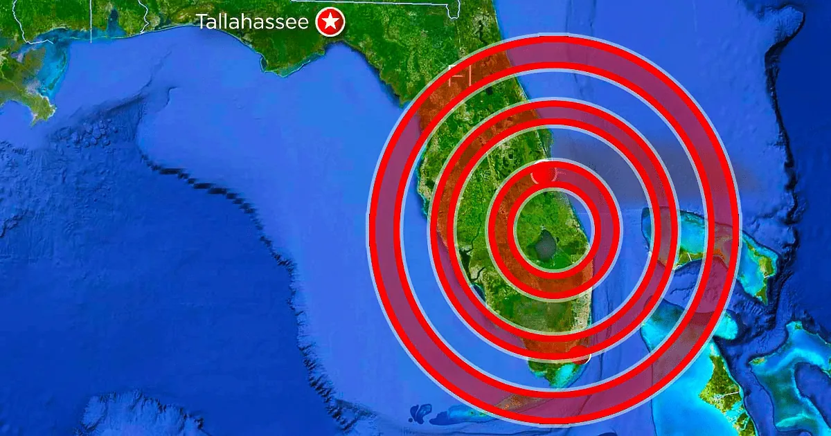 A map of Florida with a red star marking Tallahassee and concentric red circles indicating a potential impact zone.