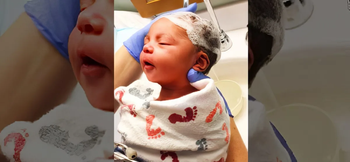 A newborn baby wrapped in a blanket with footprints, being bathed in a sink.