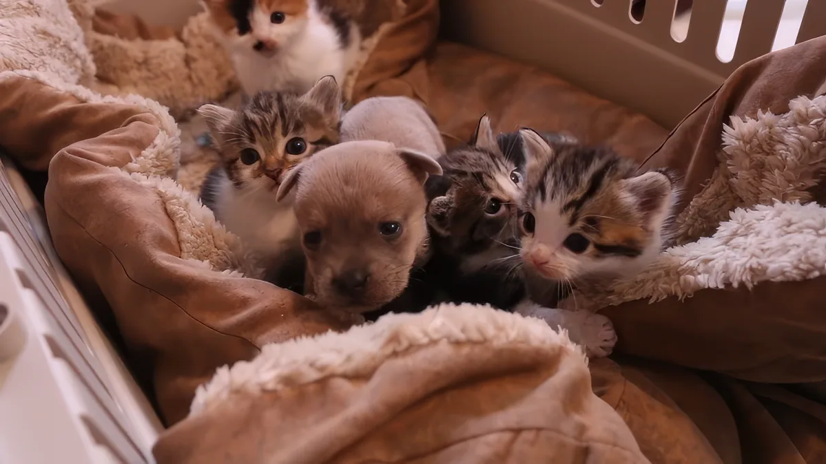 A small puppy and three kittens are nestled together on a soft blanket, looking curious.