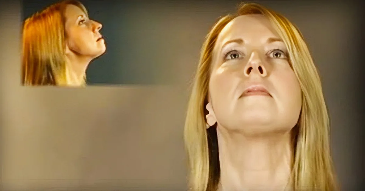 A woman with long blonde hair is shown in three different angles, focusing on her neck and head.