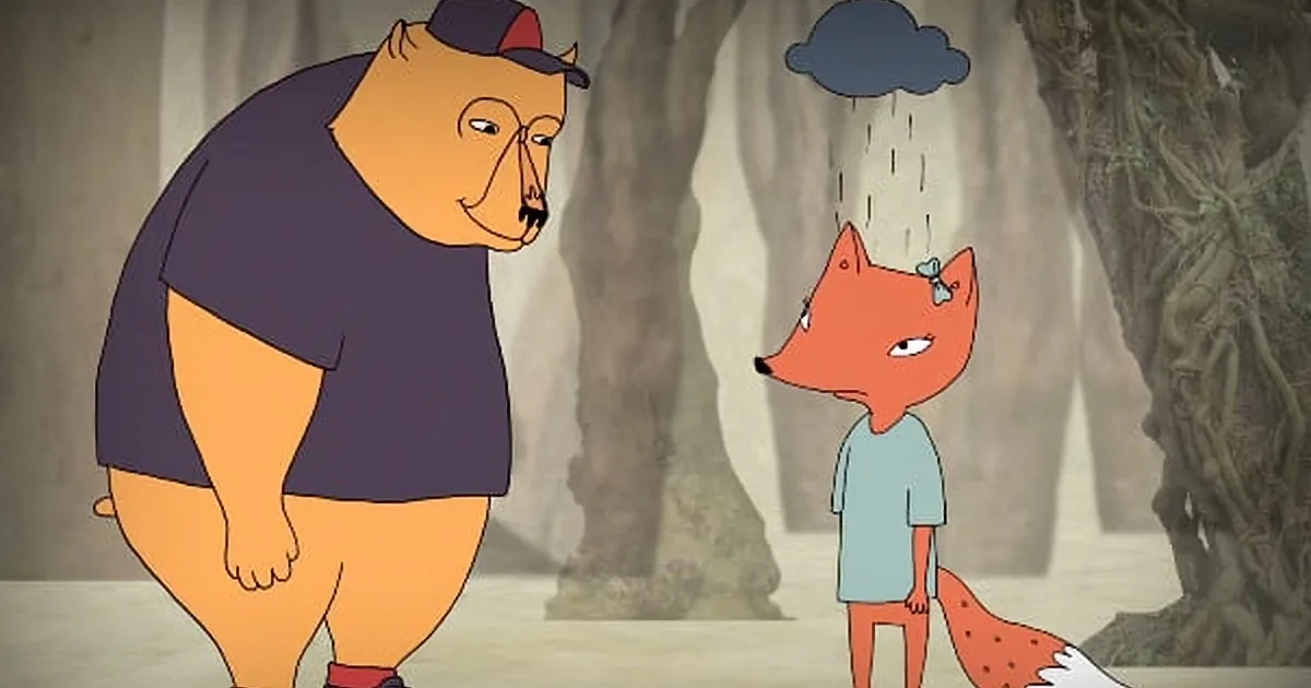 A bear in a cap and orange pants stands next to a fox in a forest, with a cloud above the fox.