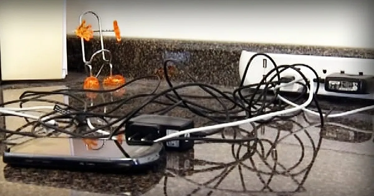 A tangled mess of electrical cords and plugs on a reflective surface, with a clock and orange object in the background.