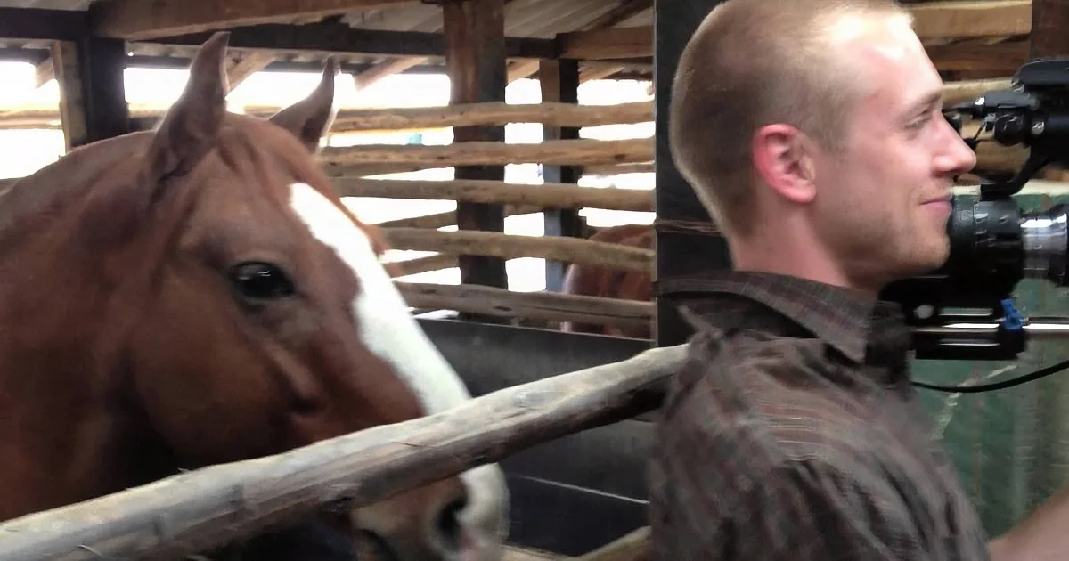 A man films a brown horse with a white stripe, both inside a wooden enclosure.
