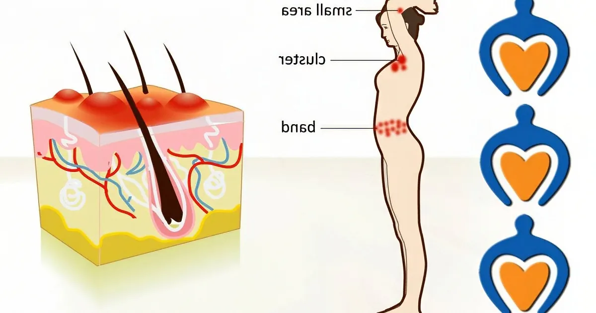 The image illustrates skin anatomy with hair follicles, blood vessels, and labels for small area, cluster, and pustule.
