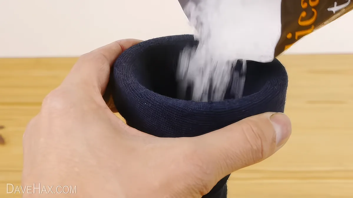 A hand holds a dark fabric cup while sugar is poured into it from a container.
