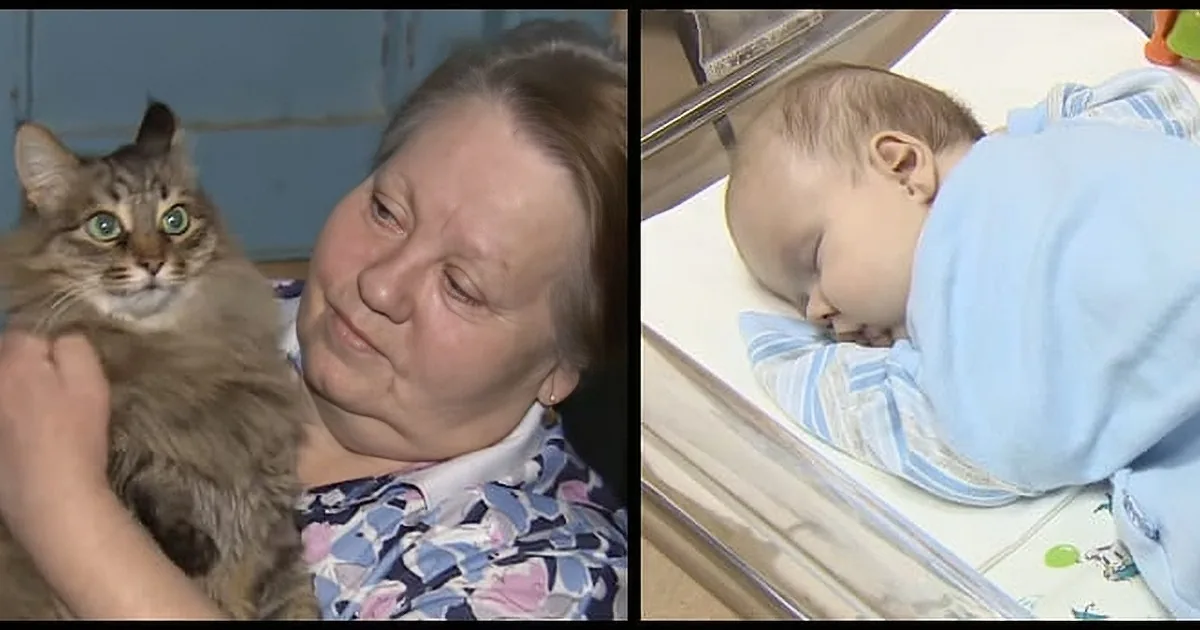 A woman holds a cat while a baby sleeps in a hospital bed nearby.