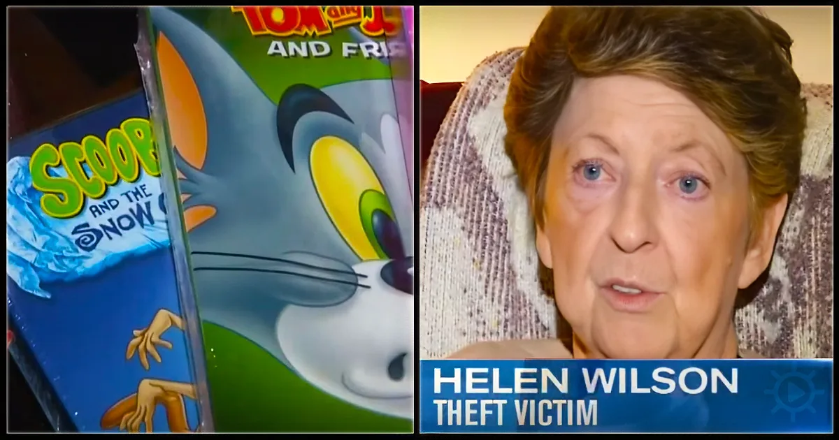 A cartoon character and a woman identified as Helen Wilson, labeled as a "Theft Victim."