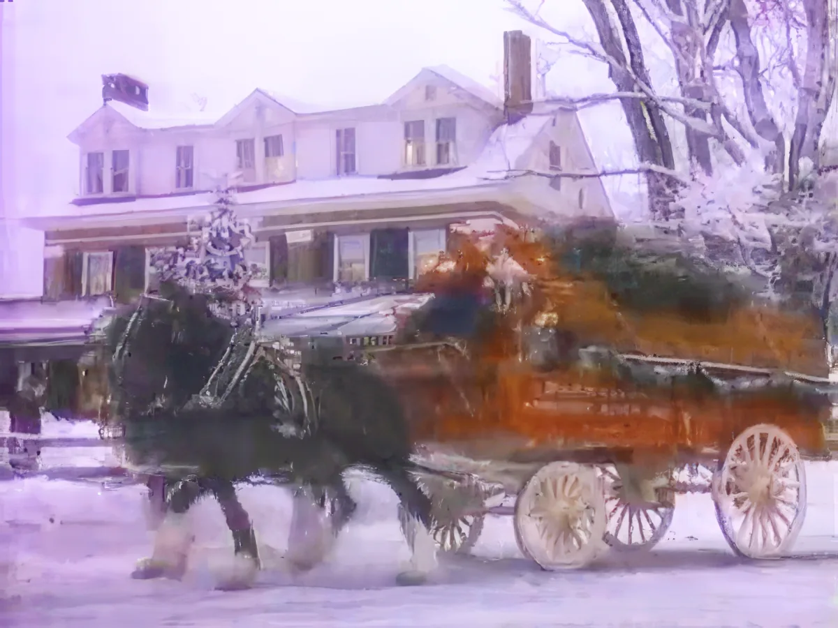 A horse-drawn carriage with a Christmas tree on the back is pulling through a snowy scene.