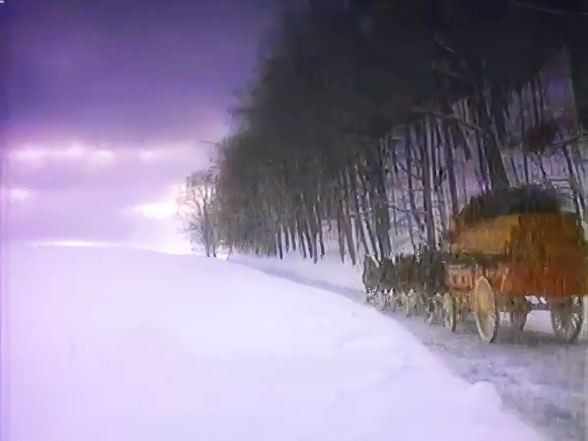 A horse-drawn carriage travels through a snowy landscape with trees lining the path.
