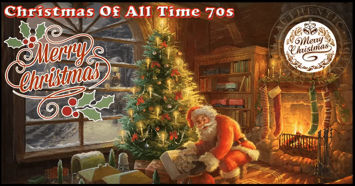 Santa Claus opens presents by a lit Christmas tree in a cozy, snowy cabin setting.