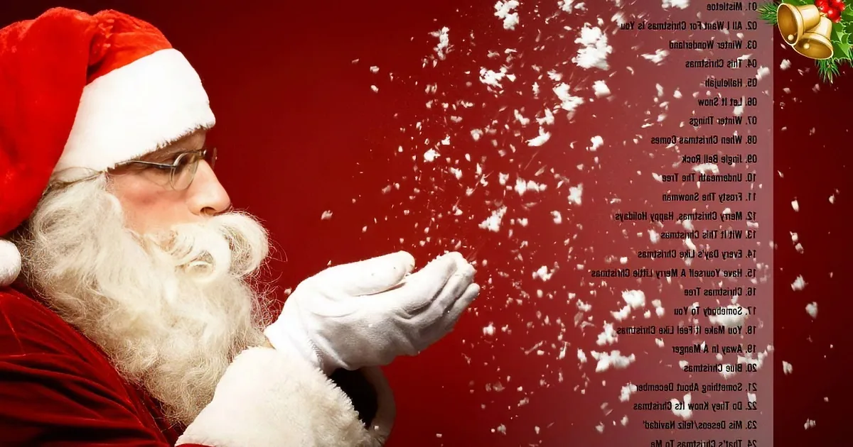 Santa Claus blows snowflakes against a red background with a list of Christmas songs.