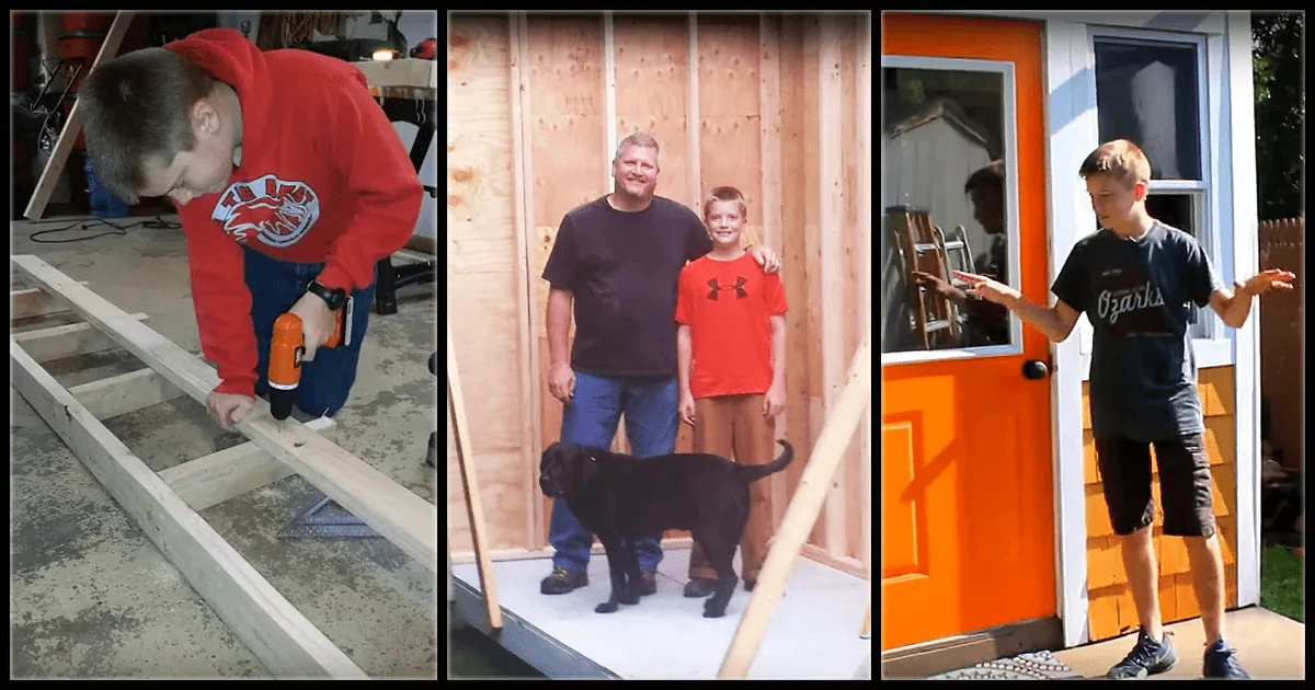 A man and boy build a shed, with the boy later standing in front of the finished orange door.