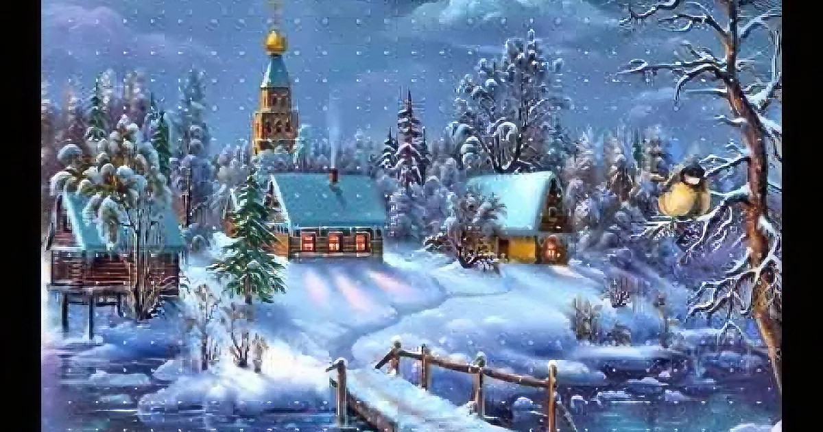 A serene winter scene with snow-covered trees, a church, and a bird perched on a branch.