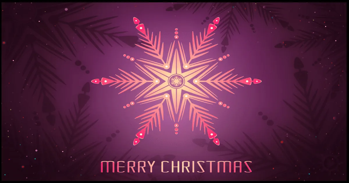 A vibrant pink snowflake with "Merry Christmas" text on a dark purple background with pine tree silhouettes.