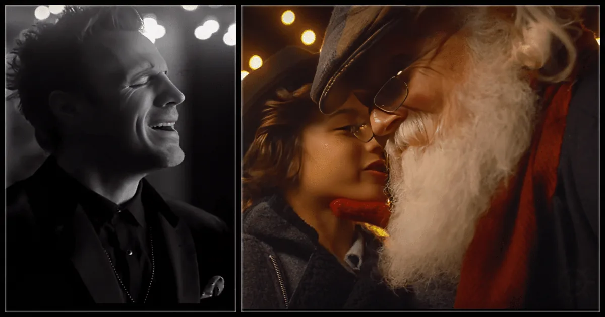 A man in a suit appears distressed, while a child and Santa Claus share a tender moment, surrounded by warm lights.