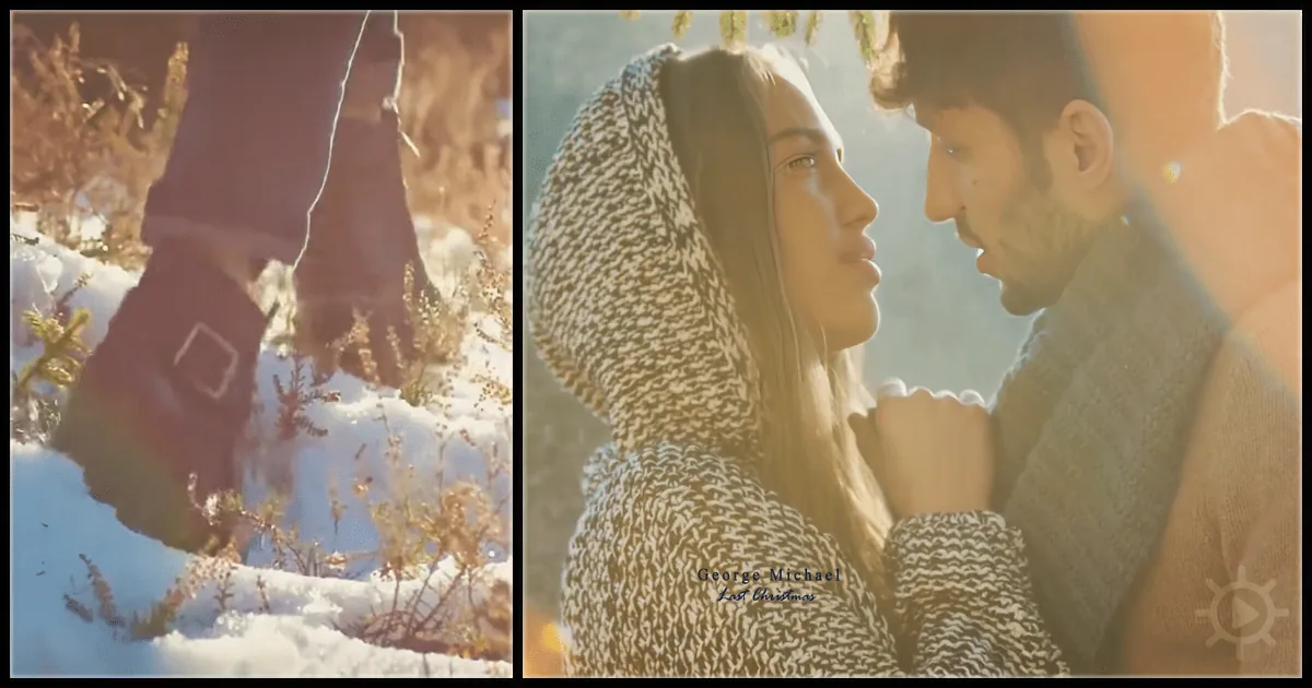 A couple in a snowy setting, the woman in a hooded sweater, the man with a beard, both looking at each other.