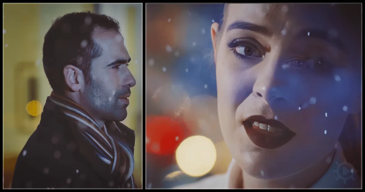 A man in a dark coat and scarf looks to the side, while a woman with dark lipstick and a blue light background looks up.