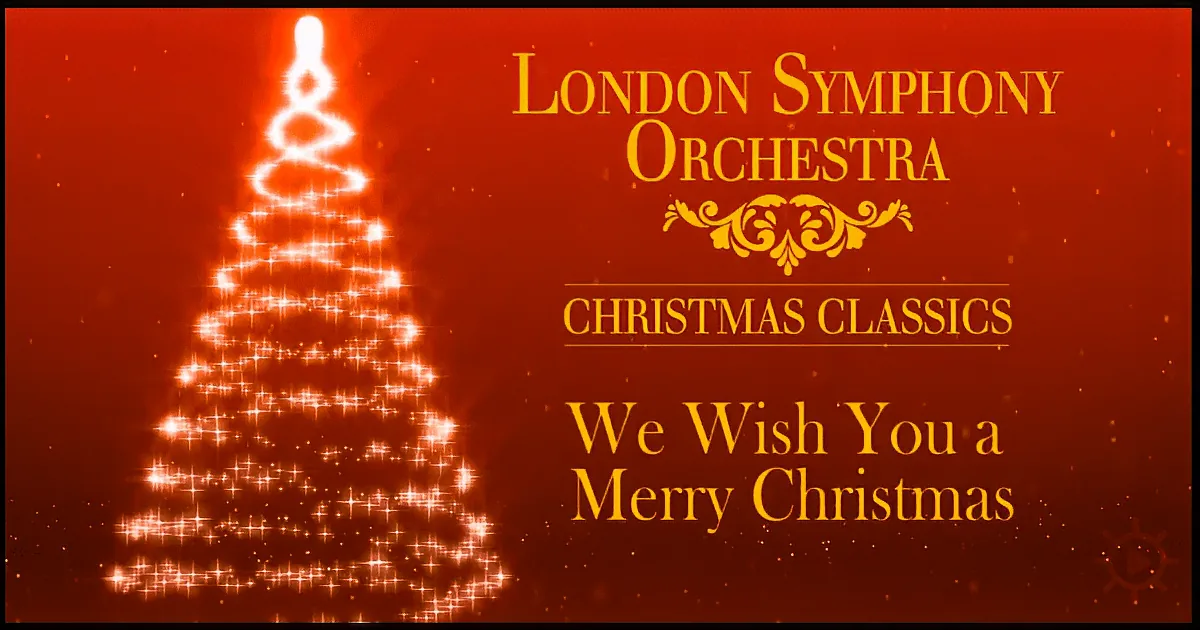 A glowing Christmas tree on a red background with text for the London Symphony Orchestra's Christmas Classics.